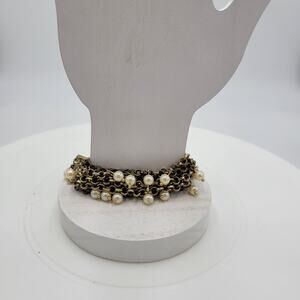 VTG Pinned Pearl Cuff Bracelet 8" Gold Tone White Beads Wide Toggle Closure